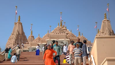 The Baps Hindu Mandir temple in Abu Dhabi welcomed large crowds on Monday in celebration of Diwali, the festival of lights. Victor Besa / The National