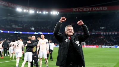 Manchester United manager Ole Gunnar Solskjaer celebrates his team's victory over Paris Saint-Germain in the Champions League last-16 at Parc des Princes on March 06, 2019 in Paris. All photos by Getty Images