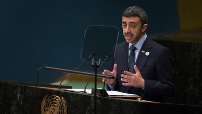 Sheikh Abdullah bin Zayed Al Nahyan, UAE Minister of Foreign Affairs and International Co-operation, addresses the 73rd session of the United Nations General Assembly. AP.