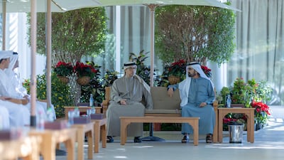 Sheikh Mohammed bin Rashid, Vice President and Ruler of Dubai, meets Sheikh Mansour bin Zayed, Vice President, Deputy Prime Minister and Chairman of the Presidential Court, at Al Marmoom Rest House in Dubai. Photo: Dubai Media office / X