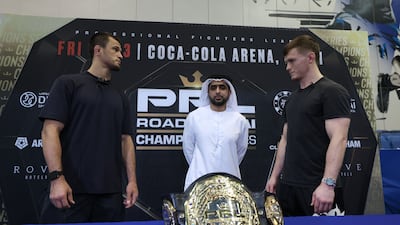 Usman Nurmagomedo and Paul Hughes face-off during their press conference at NAS Sports Complex in Dubai on September 9. EPA