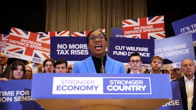 Conservative Leader Kemi Badenoch delivers a speech in London. Getty Images