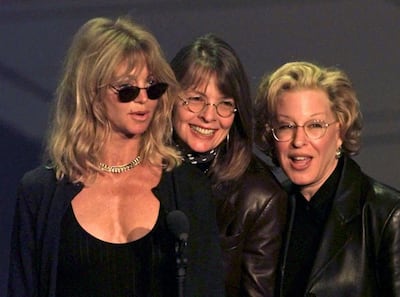 Goldie Hawn, Diane Keaton and Bette Midler during rehearsals for the 69th Academy Awards in 1997. Keaton was nominated for a Best Actress Oscar for her role in Marvin's Room. AFP