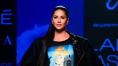 Sunny Leone presents a creation by Indian designer Swapnil Shinde during Lakme Fashion Week in Mumbai, India on February 12, 2020. EPA