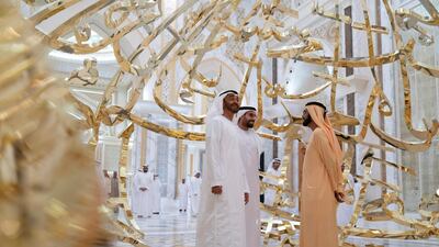 Sheikh Mohamed bin Rashid and Sheikh Mohamed bin Zayed tour Qasr Al Watan. Seen with Mohamed Khalifa Al Mubarak, Chairman of the Department of Culture and Tourism and Abu Dhabi Executive Council Member. All photos by Ministry of Presidential Affairs
