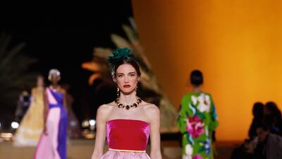 Colourful floral motifs on a strapless gown.