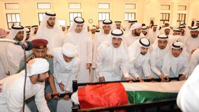Sheikh Saud bin Rashid, Ruler of Umm Al Quwain, at the funeral for Saeed Obaid bin Fadel Al Ali. Hussam Al Baz / Al Ittihad