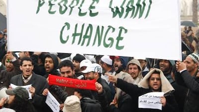 Demonstrators in Rabat last Sunday , when thousands of people marched in cities across Morocco amid a wave of Arab world upheaval.