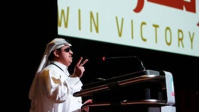 Ahmed Aleghfeli, a blind Sharjah TV presenter, speaks at the Win, Victory and Love event at Higher Colleges of Technology men’s campus. Sarah Dea / The National