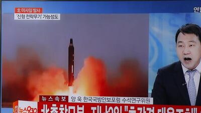A television displays a news broadcast reporting on North Korea test-firing ballistic missiles, at a station in Seoul, South Korea. EPA