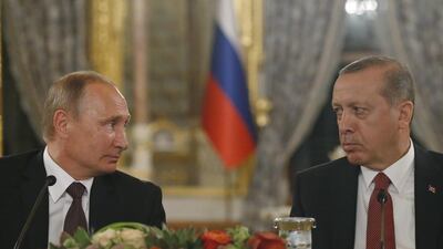 Russian president Vladimir Putin and Turkey’s Recep Tayyip Erdogan certainly have a lot to talk about. Emrah Gurel / AP Photo