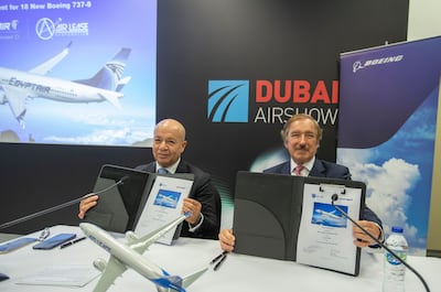 Yehia Zakaria, EgyptAir Holding's chairman and chief executive and Steven Udvar-Hazy, Air Lease Corporation’s executive chairman, signed a deal for 18 Boeing 737 Max jets at Dubai Airshow. Leslie Pableo / The National