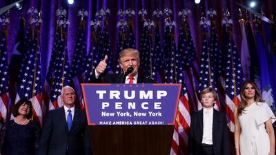 Republican president-elect Donald Trump delivers his acceptance speech during his election night event at the New York Hilton Midtown in the early morning hours in New York City. Donald Trump defeated Democratic presidential nominee Hillary Clinton to become the 45th president of the United States. Chip Somodevilla / Getty Images / AFP