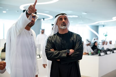 Sheikh Khaled bin Mohamed, Crown Prince of Abu Dhabi, right, with Dr Sultan Al Jaber, Minister of Industry and Advanced Technology and Adnoc managing director and group chief executive, at the meeting. Photo: Abu Dhabi Media Office