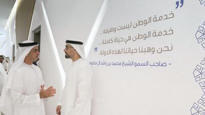 Sheikh Khaled bin Mohammed and Sheikh Saif bin Zayed tour the Rabdan Academy, during the inauguration. Mohamed Al Hammadi / Crown Prince Court - Abu Dhabi