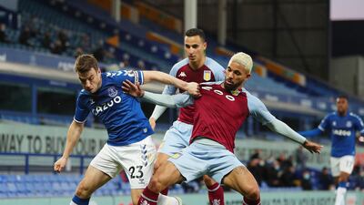 Seamus Coleman of Everton in action against Douglas Luiz of Aston Villa. EPA