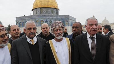 Omani minister for foreign affairs Yusuf bin Alawi visits the Al Aqsa mosque compound East Jerusalem on February 15, 2018. Ahmad Gharabali / AFP