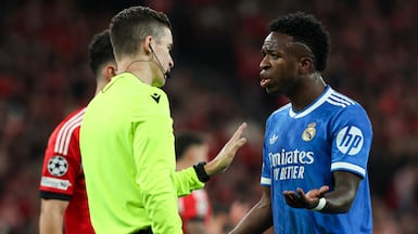 Real Madrid's Vinicius Junior speaks to the referee during their Champions League win at Benfica. EPA