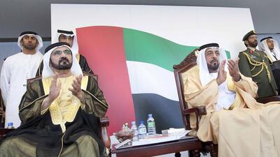 Sheikh Khalifa, the President and Ruler of Abu Dhabi, with Sheikh Mohammed bin Rashid, Vice President, Prime Minister and Ruler of Dubai. Crown Prince Court, Abu Dhabi.