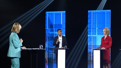 Rishi Sunak and Liz Truss during the televised ITV debate on Sunday night.