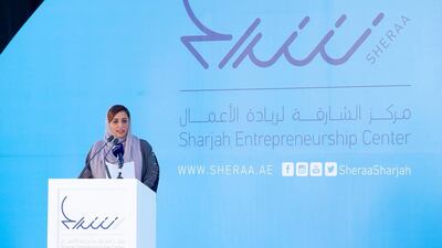 Sheikha Bodour bint Sultan Al Qasimi, chairperson of Sharjah Investment & Development Authority, speaks during the launch of the Sharjah Entrepreneurship Center on Sunday, which she also heads. Courtesy Sharjah Entrepreneurship Center