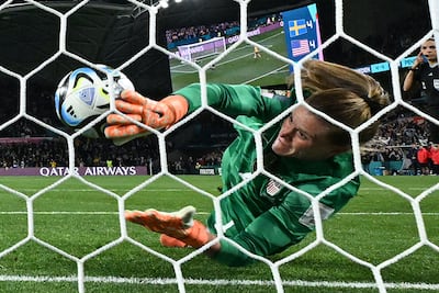 USA goalie Alyssa Naeher seemed to have saved the crucial penalty but goal-line technology showed the ball had crossed the line and Sweden knocked them out of the Women's World Cup. AFP