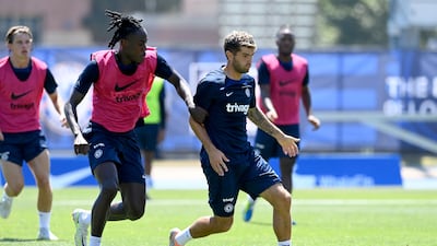 Trevoh Chalobah and Christian Pulisic of Chelsea during a training session at Drake Stadium UCLA Campus in Los Angeles, California. All photos by Getty