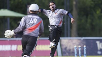 UAE bowler Nasir Aziz, right, is the joint-leading wicket-taker for the UAE with 10 wickets so far. Chris Young/ The National
