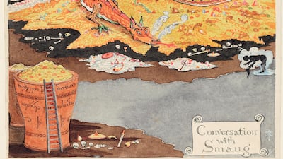 Conversation with Smaug, a watercolour painted by Tolkien in 1937 as an illustration for the first American edition of The Hobbit. In this image, Bilbo Baggins, rendered invisible by a magic ring, converses with the fire-breathing dragon, Smaug
