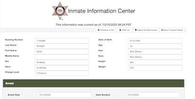 LA County Jail records indicate that Nick Reiner was booked early Monday morning