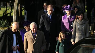From right, Britain's Catherine, Duchess of Cambridge and her daughter Princess Charlotte, Britain's Anne, Princess Royal, Prince William, Duke of Cambridge, Britain's Prince Charles, Prince of Wales and Camilla, Duchess of Cornwall after attending a Christmas day service at the St Mary Magdalene Church. AP