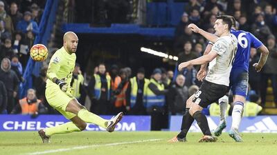 Chelsea’s John Terry scores to equalise 3-3 against Everton in the 98th minute on Saturday in their draw in the Premier League. Facundo Arrizabalaga / EPA
