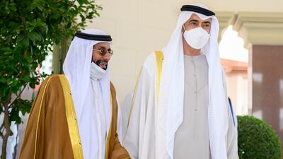 President Sheikh Mohamed with Sheikh Tahnoon bin Mohamed, Ruler's Representative in Al Ain Region, attend an Eid Al Adha reception at Mushrif Palace.