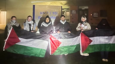 Zarah Sultana, centre, is joined by protesters outside HMP Bronzefield, where a sit-in is now being staged. Photo: Zarah Sultana / X