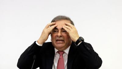 Former Renault-Nissan boss Carlos Ghosn gestures as he addresses a large crowd of journalists in Beirut on January 8, 2020. AFP