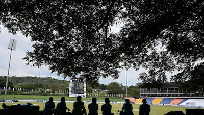 Ground staff at the Pallekele International Cricket Stadium watch the action during day 3 of the second Test match between Sri Lanka and Bangladesh in Kandy, on Saturday, May 1. AFP