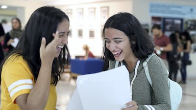 DUBAI , UNITED ARAB EMIRATES , AUG 24 – 2017 :- Left to Right - Priyanka Nair and Sofia Khaledi looking at their GCSE results at GEMS Wellington Academy on Sheikh Zayed road in Dubai. ( Pawan Singh / The National ) Story by Nick Webster