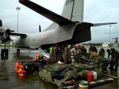 Indian military personnel conducting rescue operations in the flood affected areas in Belgaum/Belagavi district in North Karnataka, India. EPA/INDIA INDIAN DEFENCE MINISTRY