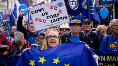 Pro-EU campaigners protest in London on Saturday. EPA
