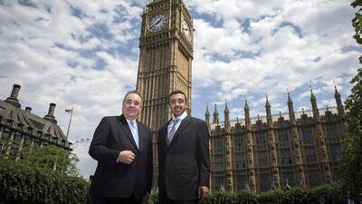 Sheikh Abdullah bin Zayed, Foreign Minister, with Scotland’s former First Minister, Alex Salmond, on Wednesday. Wam