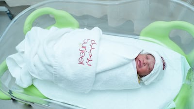Baby Ghayah Mohamed Salem Alqmzi also arrived at 12.01am, becoming the sixth addition to her family. Photo: Burjeel Hospital