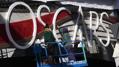 People work on the red carpet area as preparations for the 91st Academy Awards take place in Hollywood, California, USA. AFP