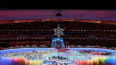 Athletes attend the Beijing 2022 Winter Olympics closing ceremony at the National Stadium on Sunday. Reuters