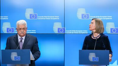 Mahmoud Abbas and Frederica Mogherini did not mention the US in a pre-talks statement. EPA/STEPHANIE LECOCQ
