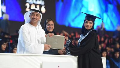 Sheikh Abdullah bin Zayed presents an awared with Sheikha Lubna looking on.