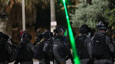 Israeli police gather during clashes with Palestinians near Al Aqsa Mosque, in Jerusalem’s Old City, on May 7, 2021, amid tension over the possible eviction of several Palestinian families from homes on land claimed by Jewish settlers in Sheikh Jarrah. Reuters