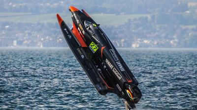 Ahmed Al Hameli of Team Emirates shown crashing on Saturday during qualifying for the UIM F1H20 Grand Prix of France. Photo Courtesy / F1H20