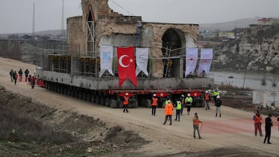Er Rizk Mosque from the 15th century is transported from the ancient town of Hasankeyf by the Tigris river, which will be significantly submerged by the Ilisu dam, to the new Hasankeyf in southeastern Turkey. Reuters