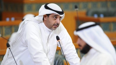 Sheikh Mohammed Abdullah Al Mubarak, the minister of state for cabinet affairs and acting information minister, responds to questions from opposition MPs during the first session of the National Assembly on October 24, 2017. KUNA