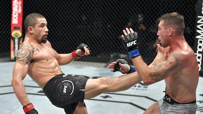 Robert Whittaker lands a kick during his victory against Darren Till at UFC Fight Night 3 in July. Getty